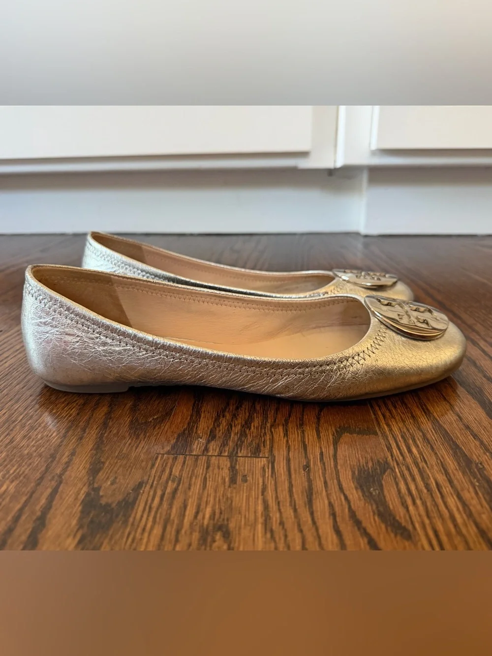 Tory Burch Silver Leather Logo Ballet Flats